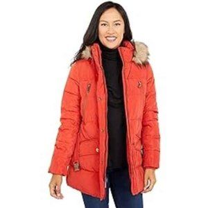 Michael Michael Kors Women's Belted Hooded Puffer Coat Bright Orange Small
